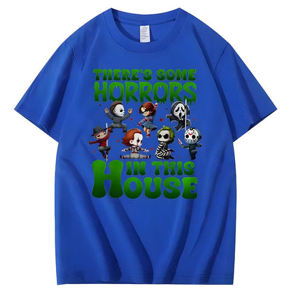 Blue Halloween horror character graphic cotton T-shirt, front view
