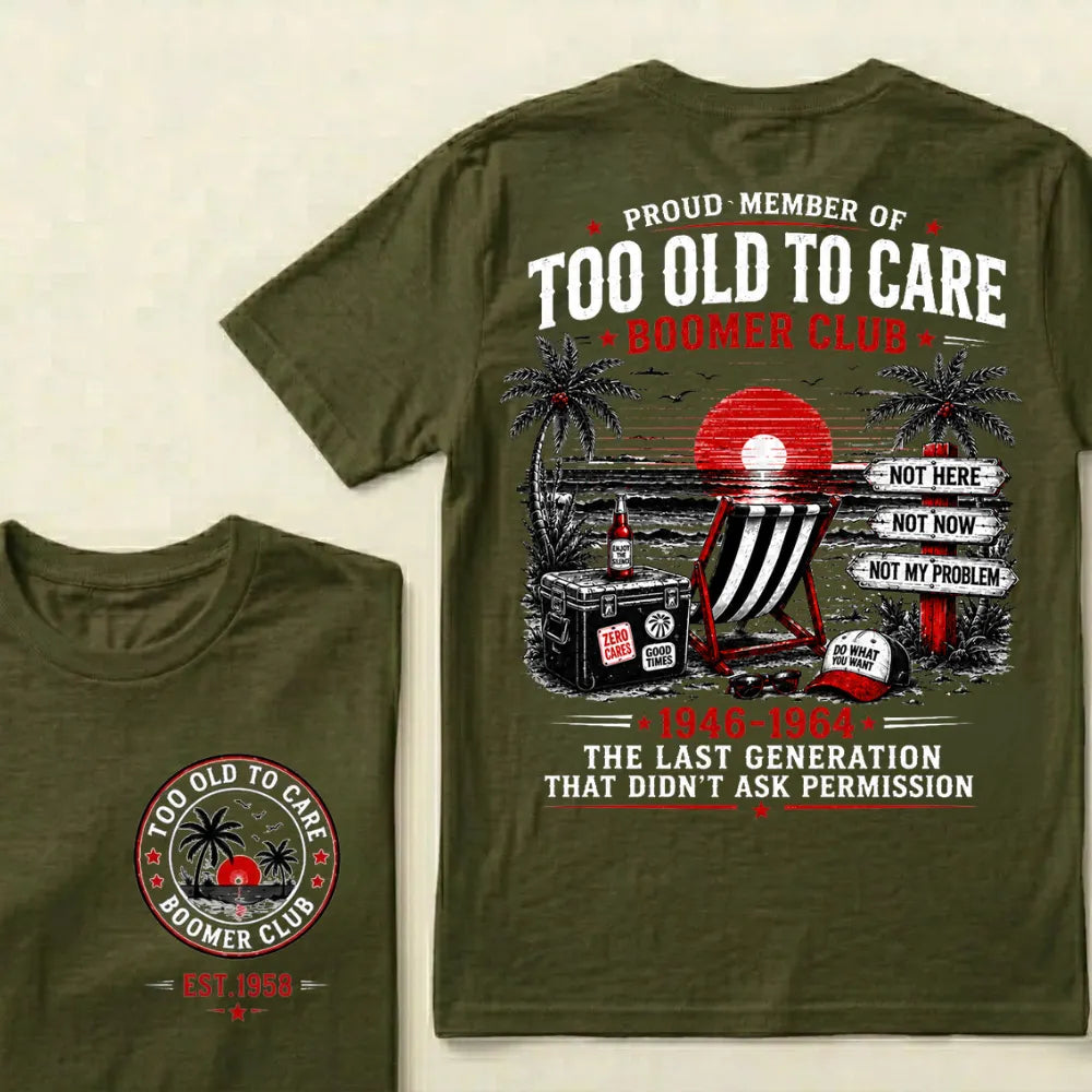 Custom EST year Boomer Club t-shirt in Army Green with retro beach back print