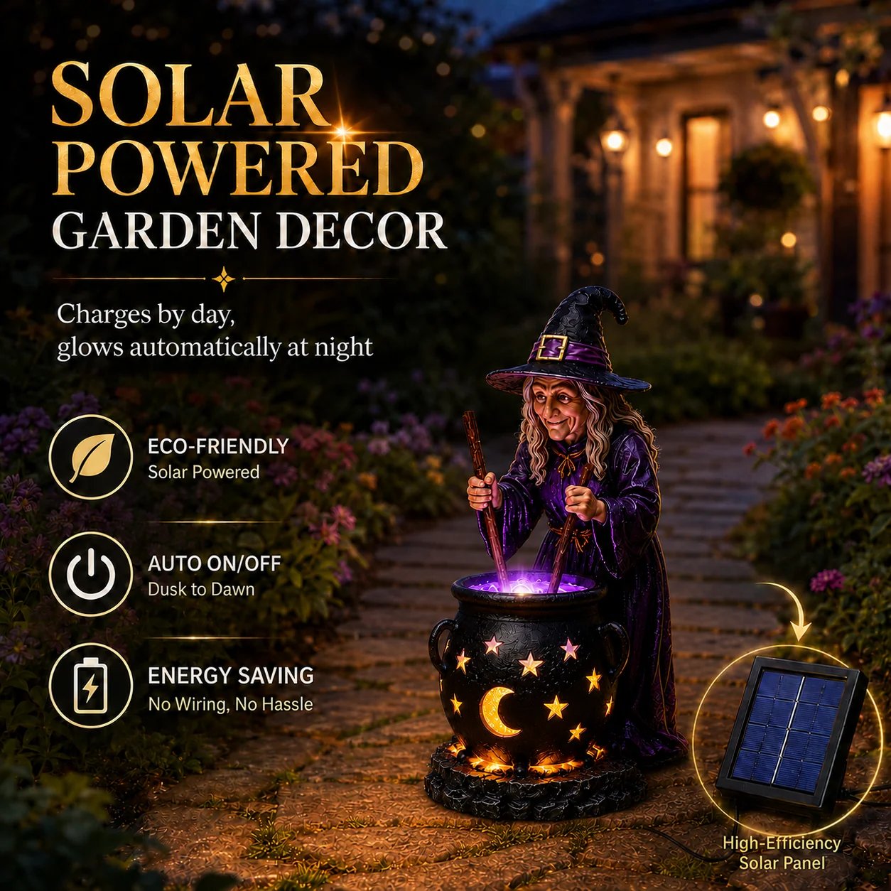 Solar powered garden decor — auto on/off witch cauldron light