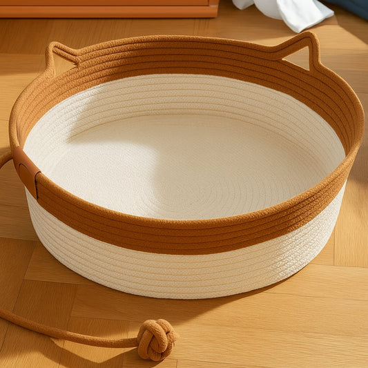 Brown handwoven natural rope cat basket with cat ear handles