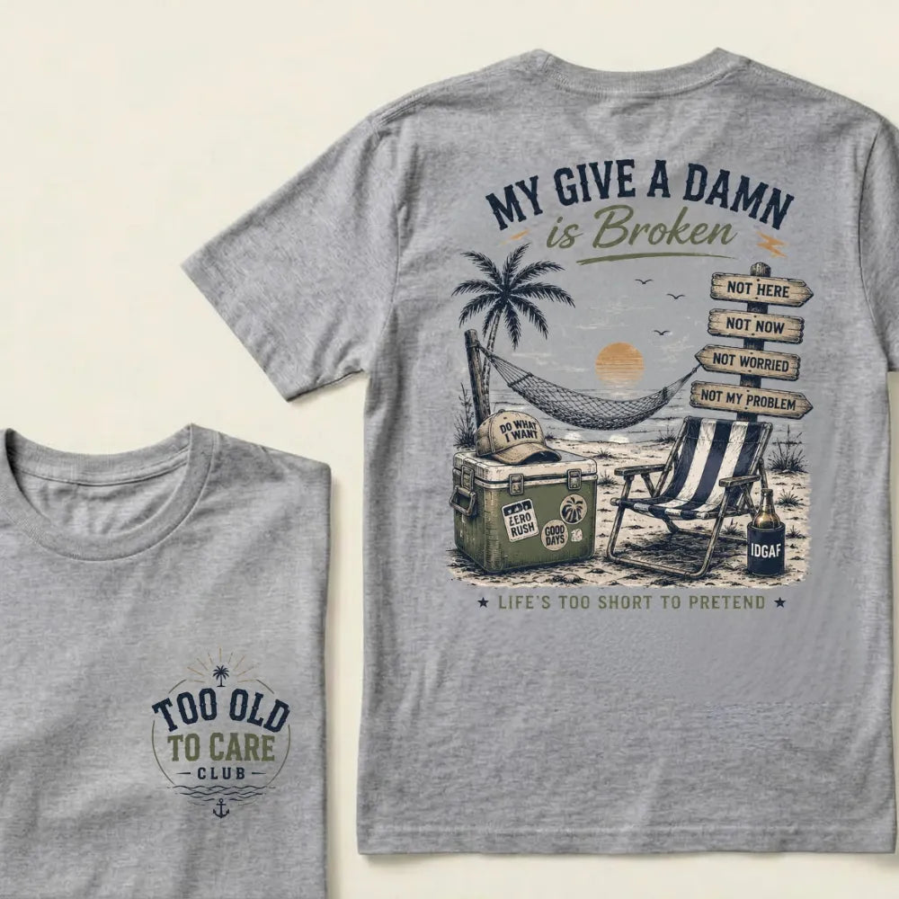 Too Old To Care Club white beach graphic t-shirt