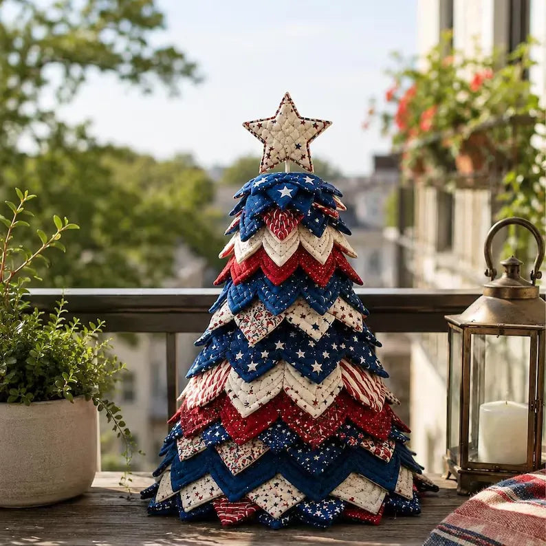 Complete Set of five layered fabric holiday quilt trees side by side