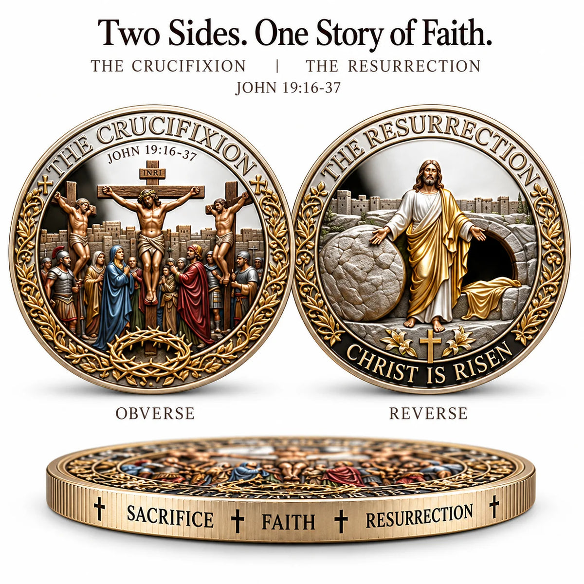 Crucifixion and Resurrection Christian commemorative coin front, reverse and edge