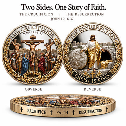 Crucifixion and Resurrection Christian commemorative coin front, reverse and edge