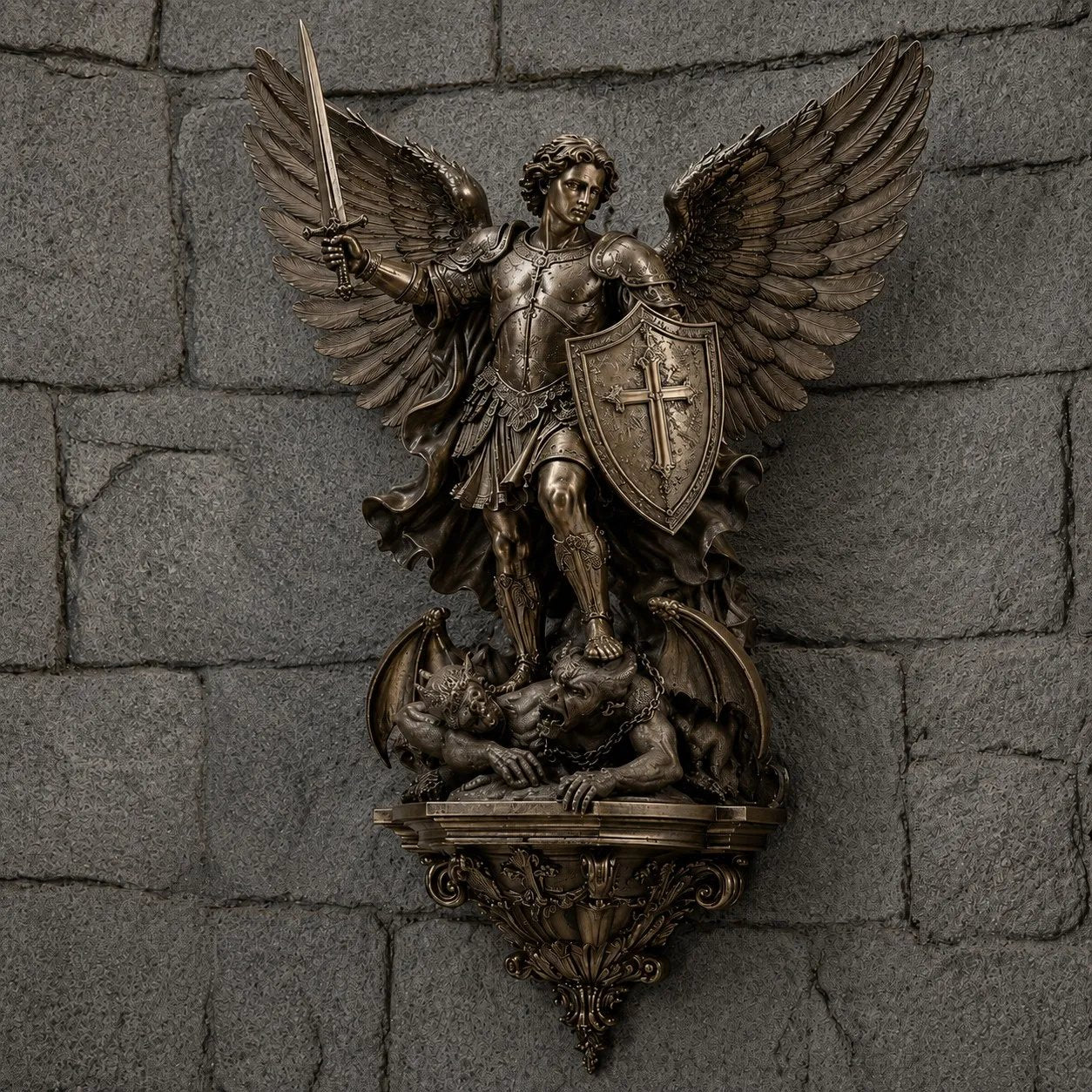 St. Michael Guardian Angel wall light full view mounted on stone wall