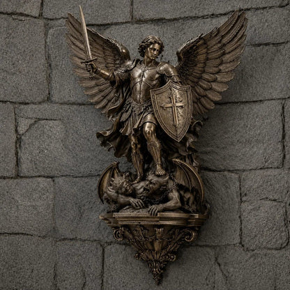 St. Michael Guardian Angel wall light full view mounted on stone wall
