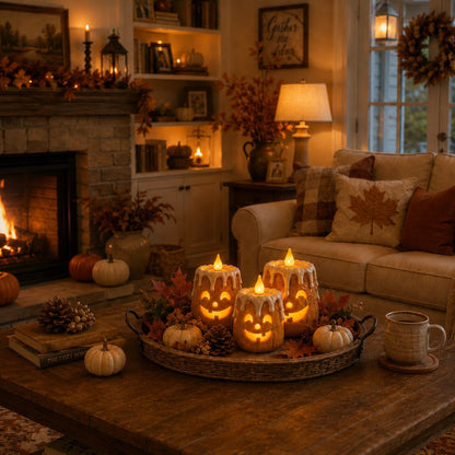 Flameless pumpkin candles glowing warm on outdoor porch steps in autumn
