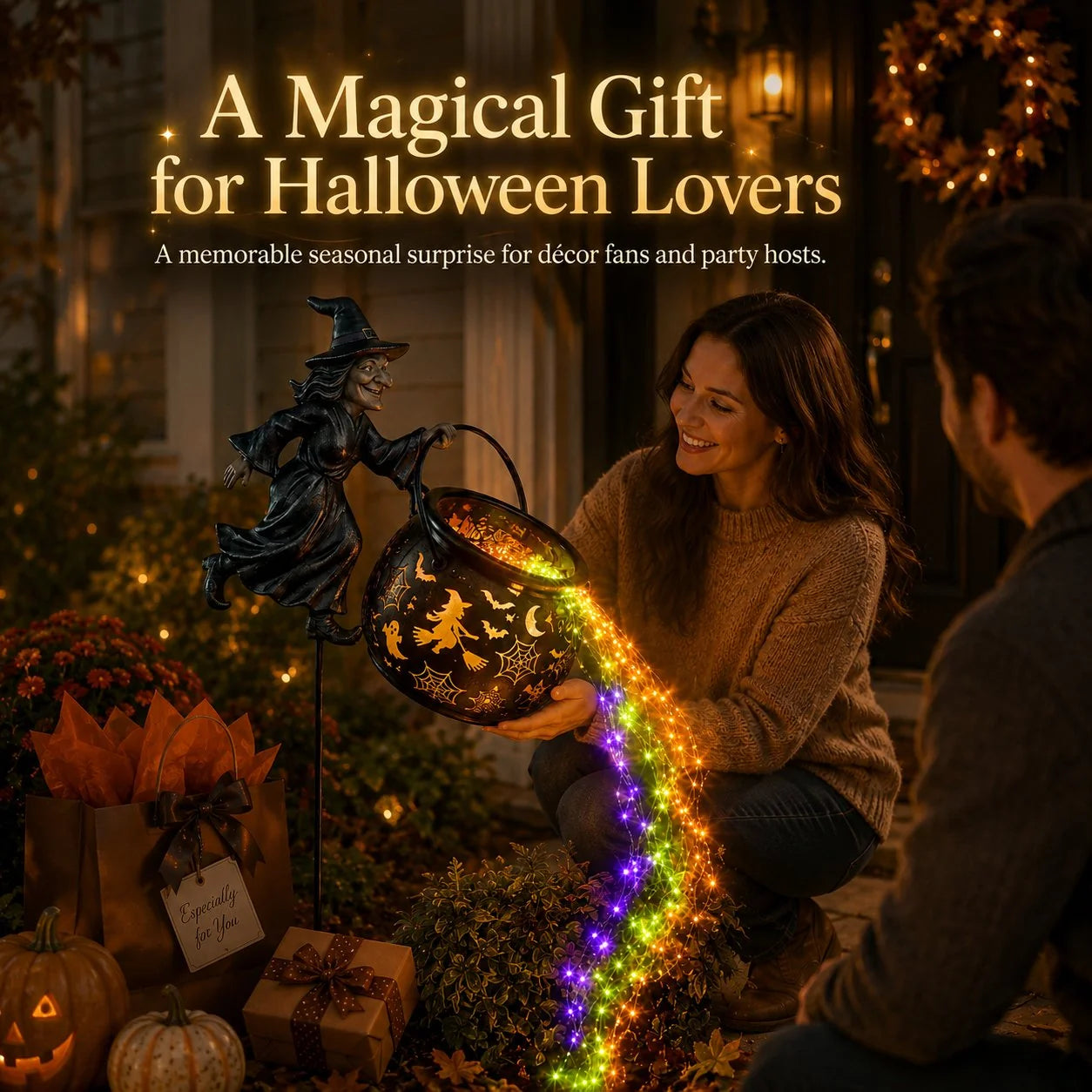 Halloween gift box with witch cauldron garden light for decor lovers