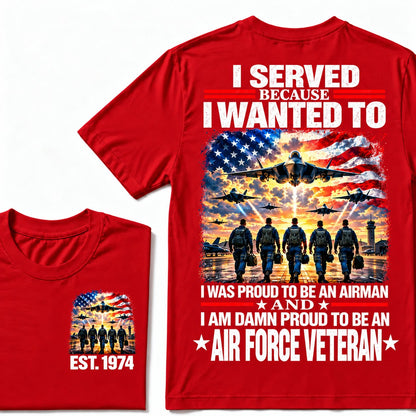 Red Air Force veteran custom year T-shirt with front and back patriotic aircraft graphics