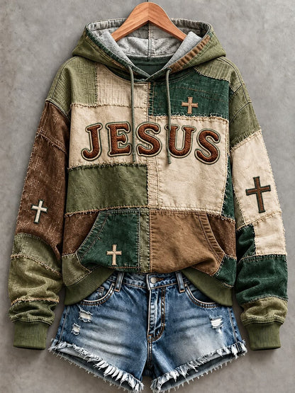 Women's JESUS cross print patchwork-look hoodie in Forest Green / Olive / Brown