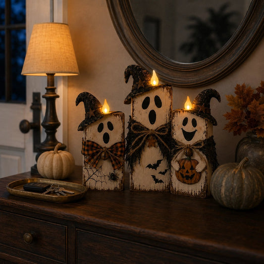 Wooden ghost trio Halloween decoration on entry table with vintage lamp cozy autumn scene