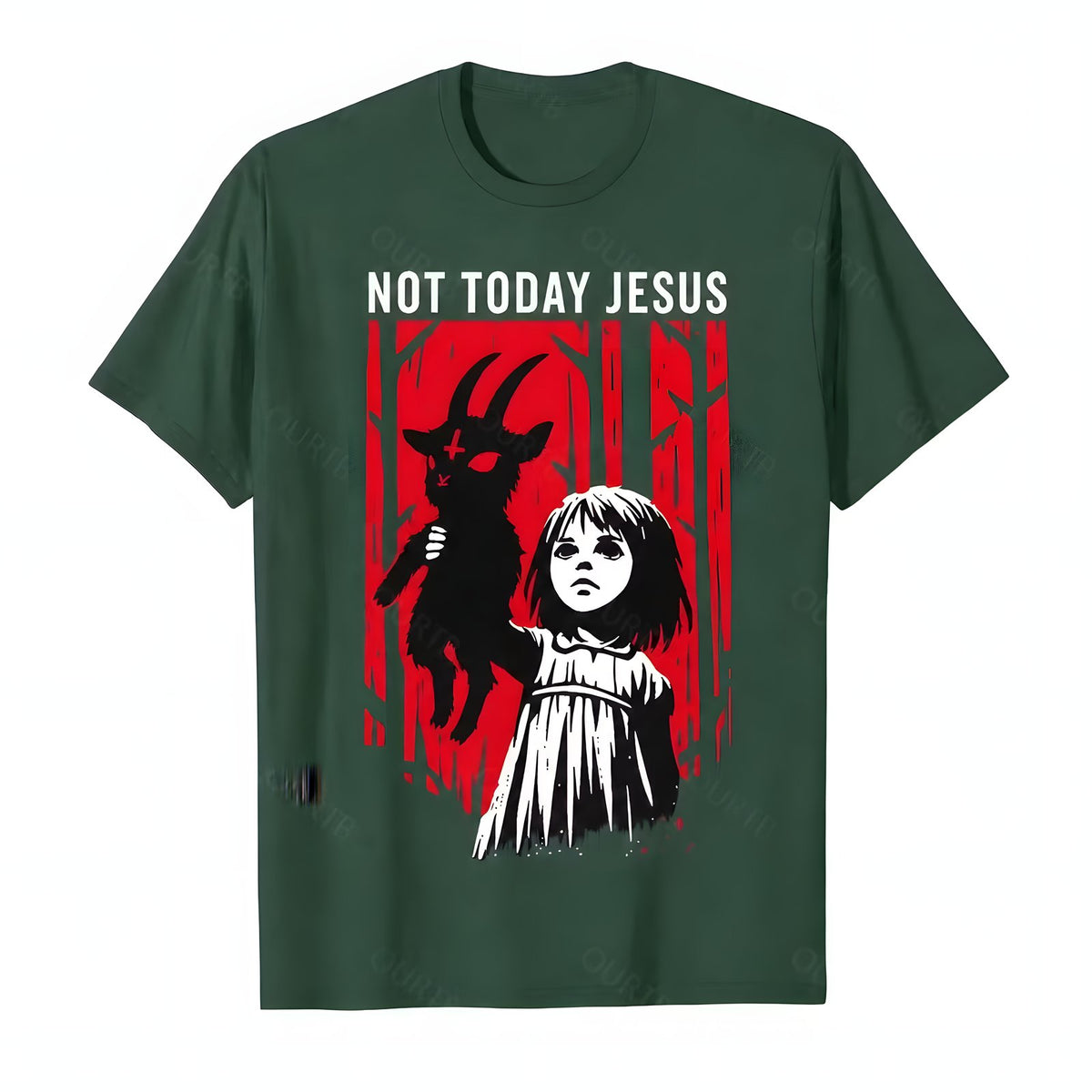 Green Not Today Jesus gothic goat graphic T-shirt with red woodland artwork