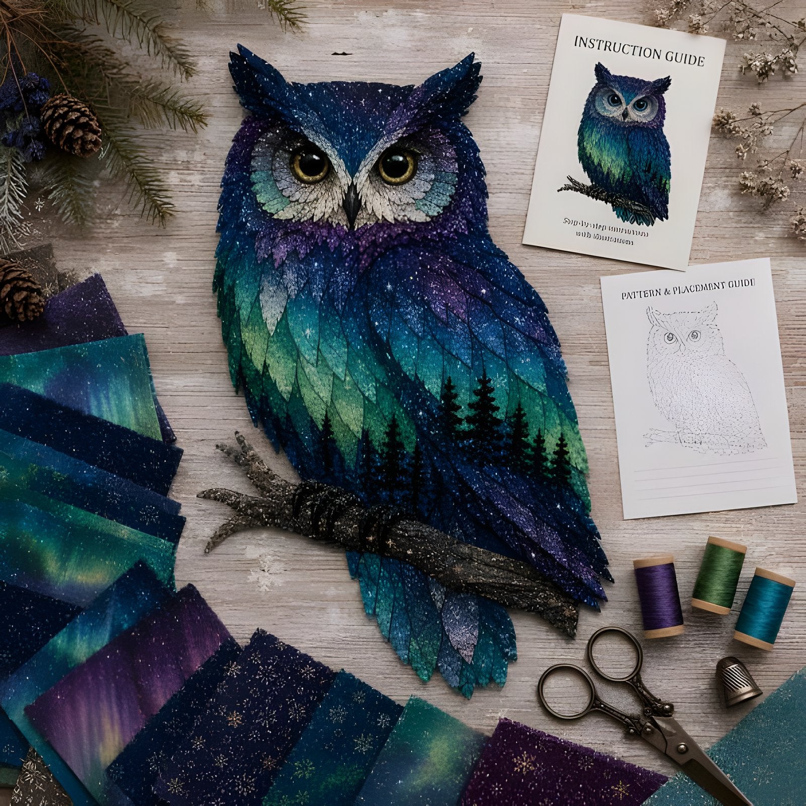 Owl aurora patchwork art kit finished piece perched on branch