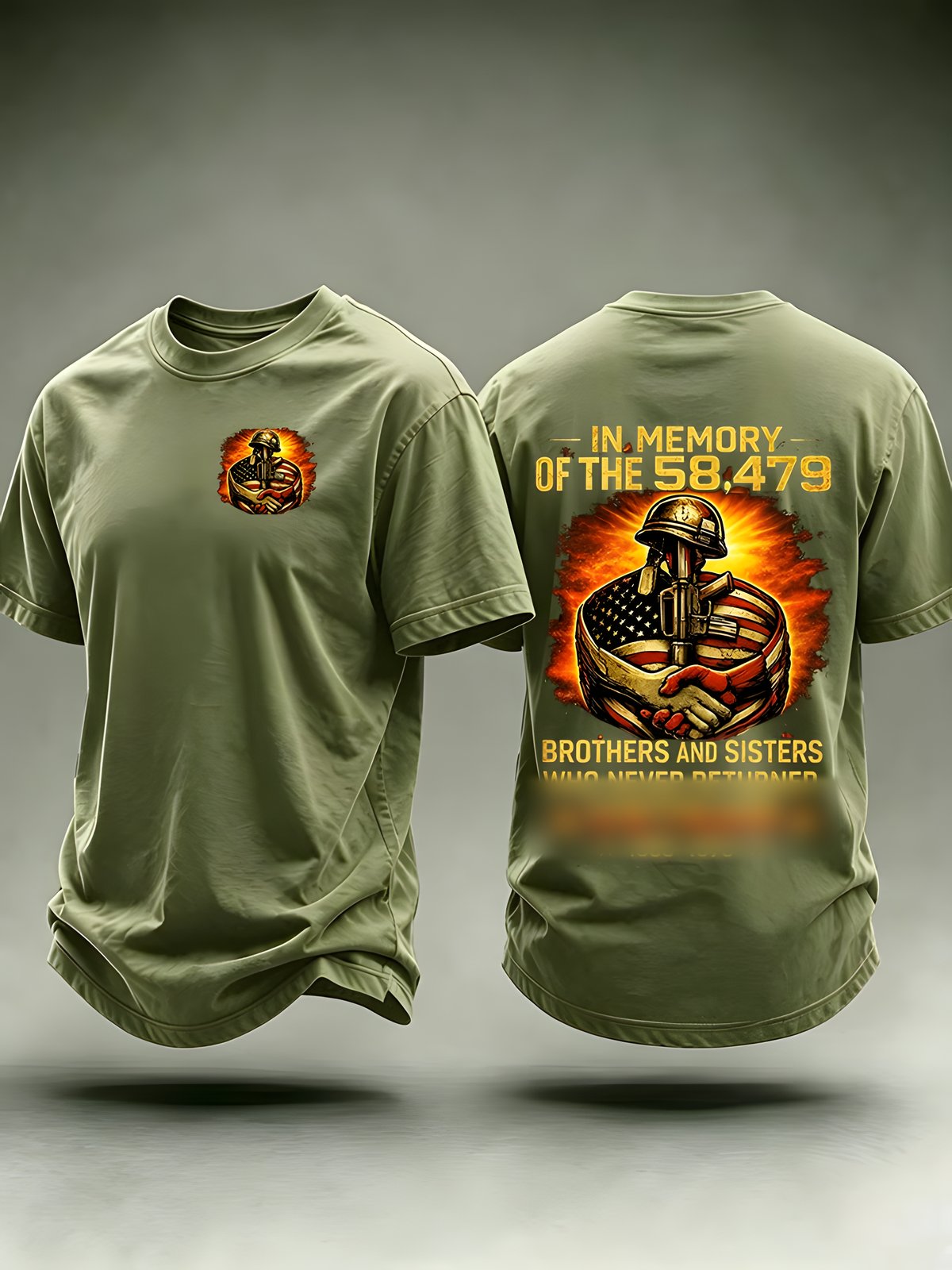 Army Green Vietnam memorial tribute T-shirt with front and back graphics