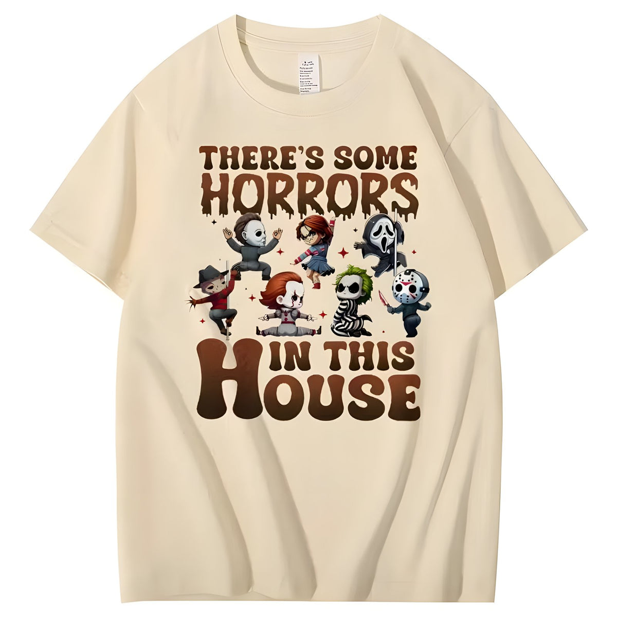 Cream Halloween horror character graphic cotton T-shirt, front view
