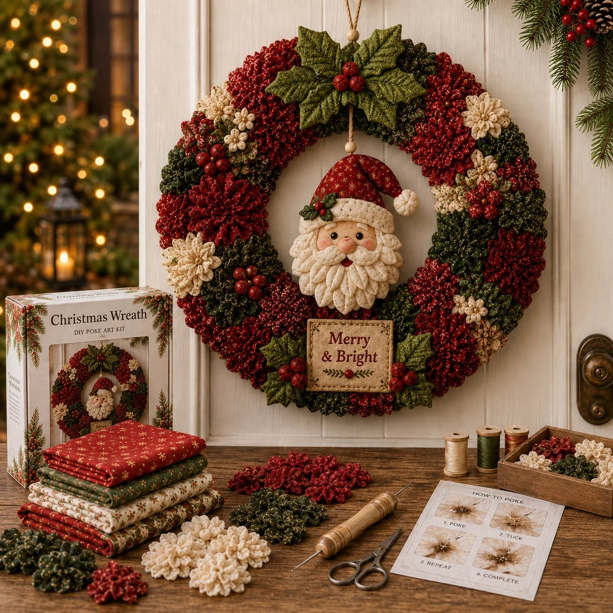 Merry & Bright Santa 3D fabric poke wreath with full DIY kit contents — fabric squares, poke tool and instructions