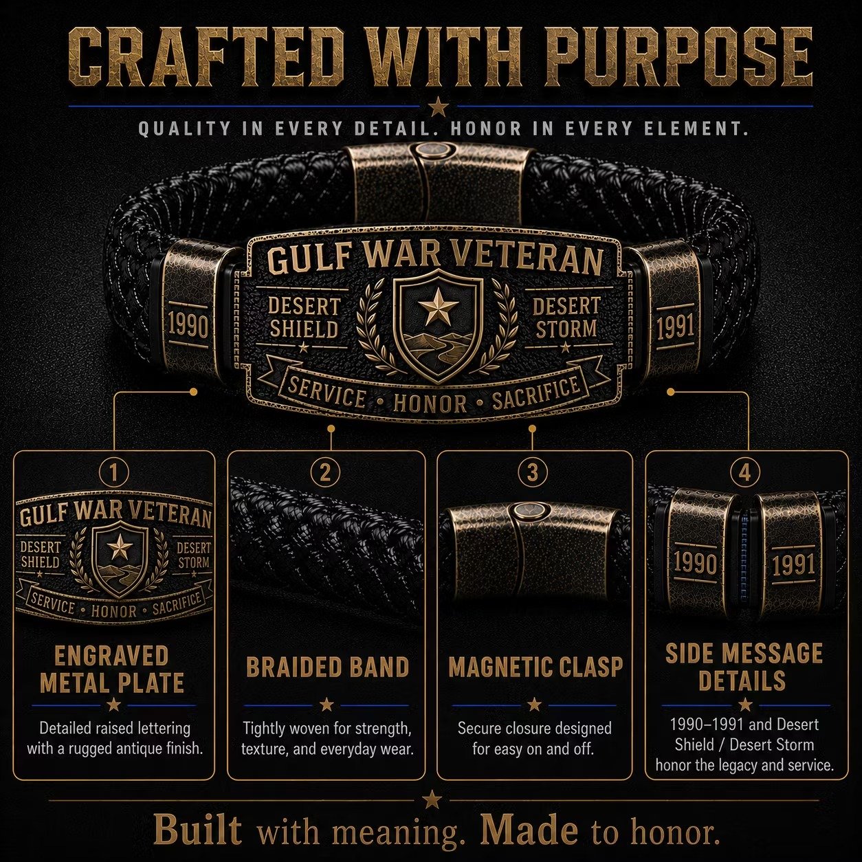 Gulf War Honor Bracelet craftsmanship: engraved metal plate, braided band, magnetic clasp