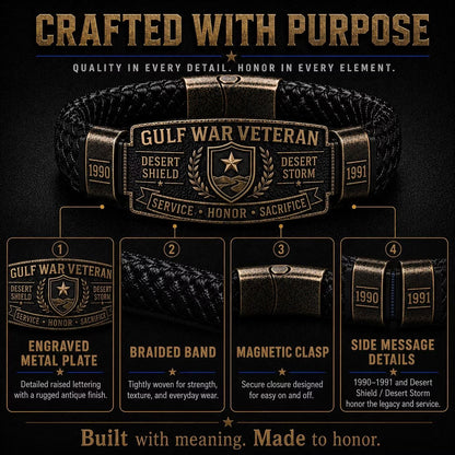 Gulf War Honor Bracelet craftsmanship: engraved metal plate, braided band, magnetic clasp