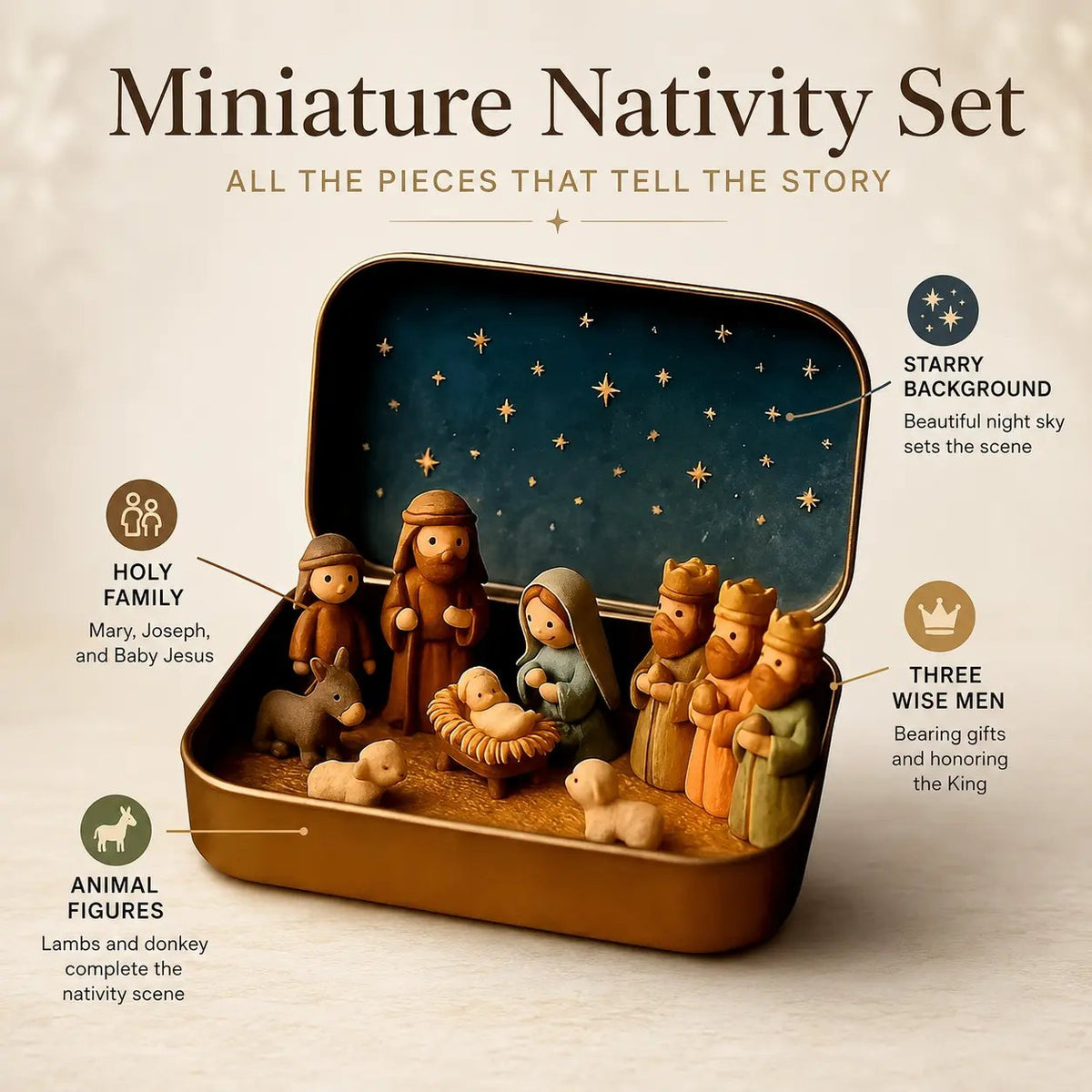 Mini nativity set with Holy Family, wise men, shepherd, and animals