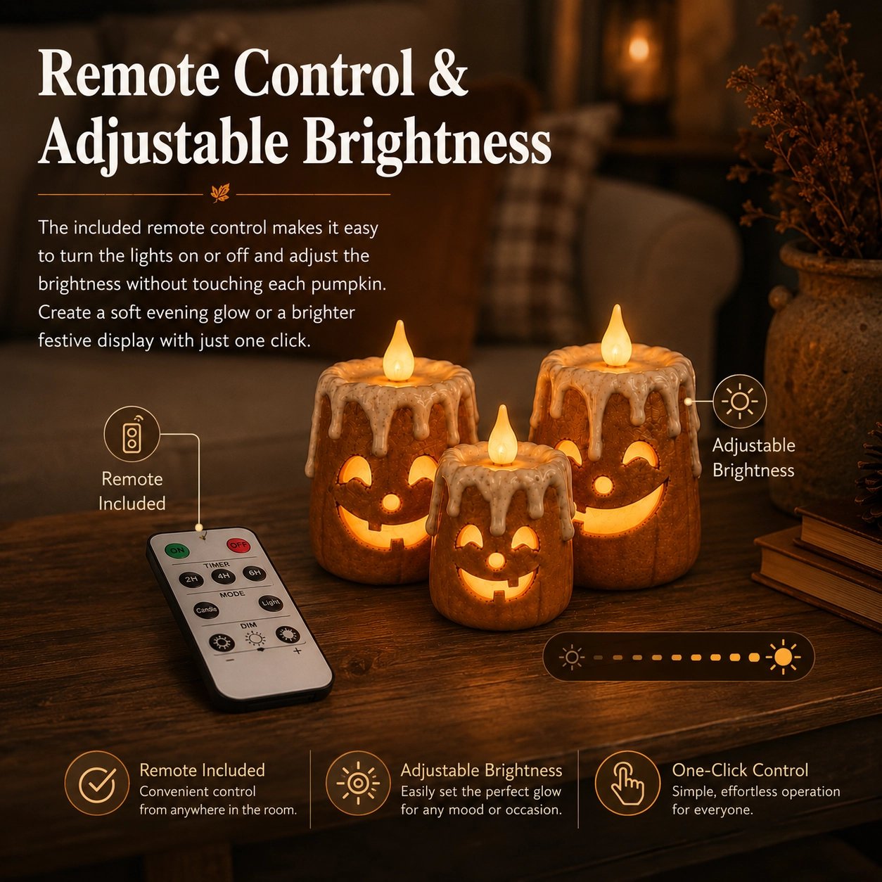Remote control and adjustable brightness for lighted pumpkin candles