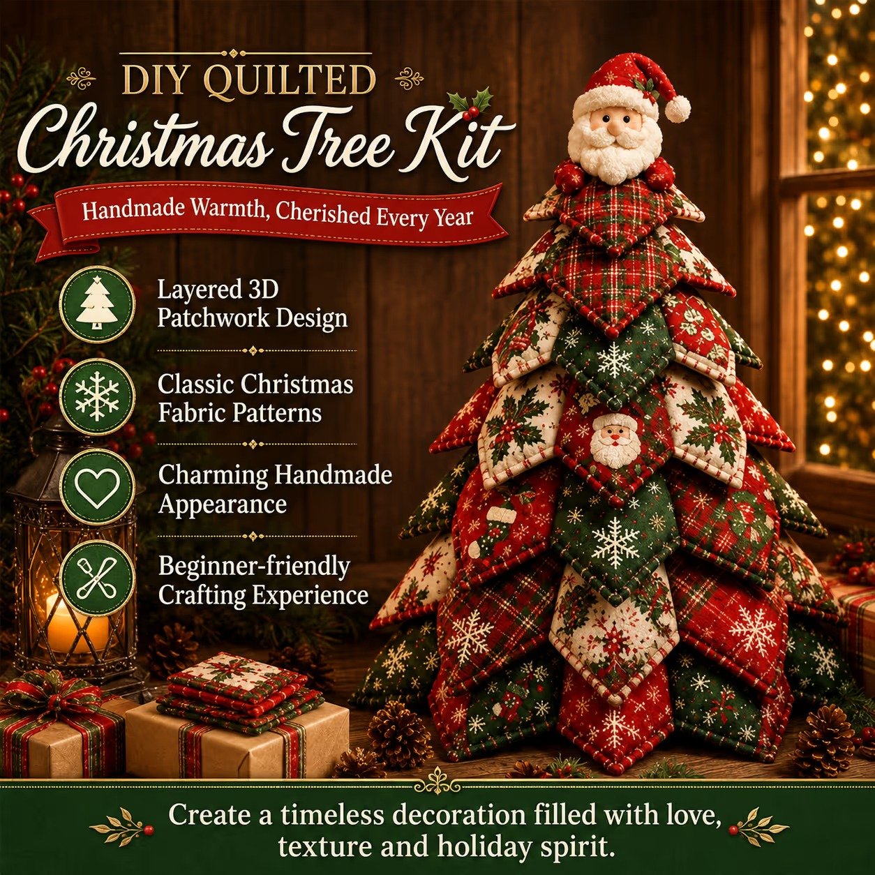 DIY quilted Christmas tree kit layered 3D patchwork design features