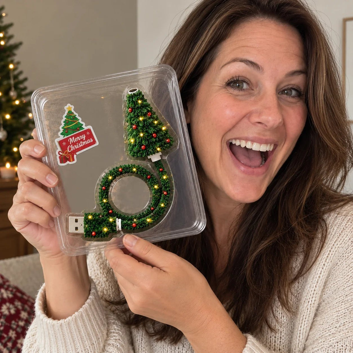 Woman holding the USB Christmas tree projector in its clear pack