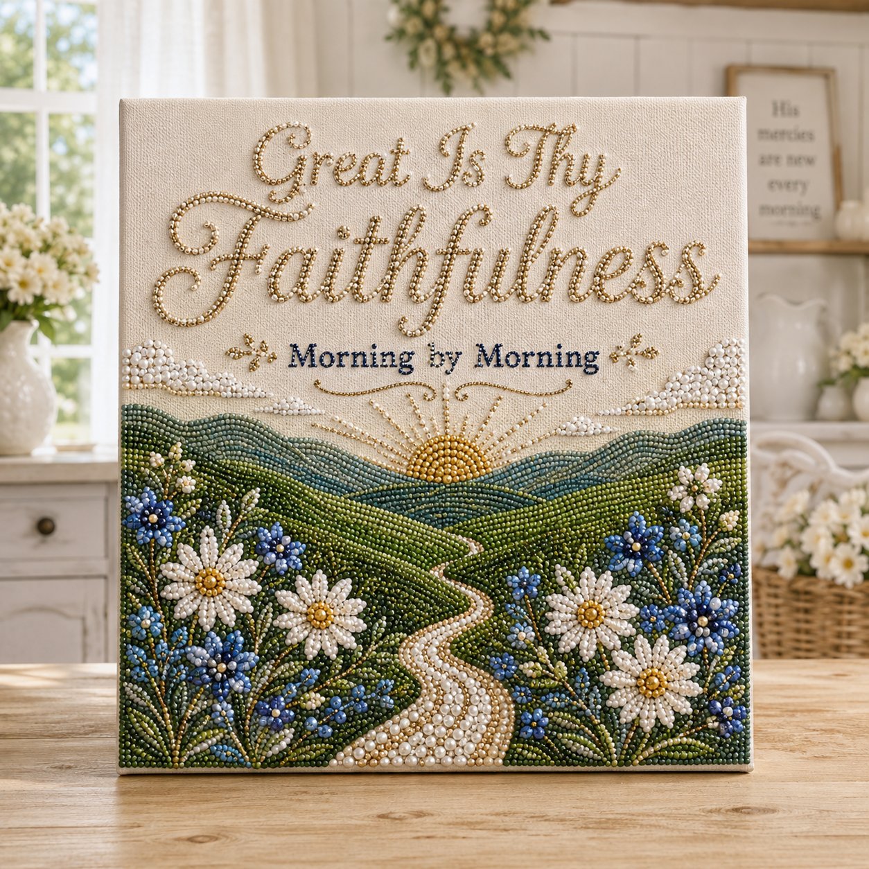 Great Is Thy Faithfulness pearl art kit with sunrise mountains and flowers