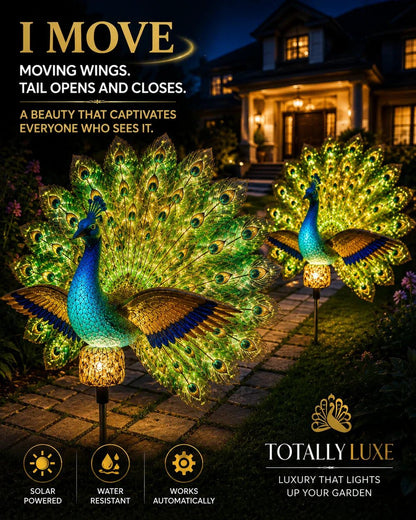 Solar peacock sculpture with moving wings, tail opens and closes, water-resistant, works automatically at dusk