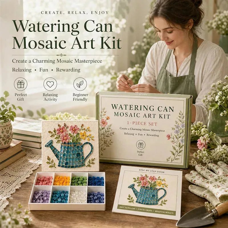 Watering Can sea glass mosaic art kit hero image with woman crafting
