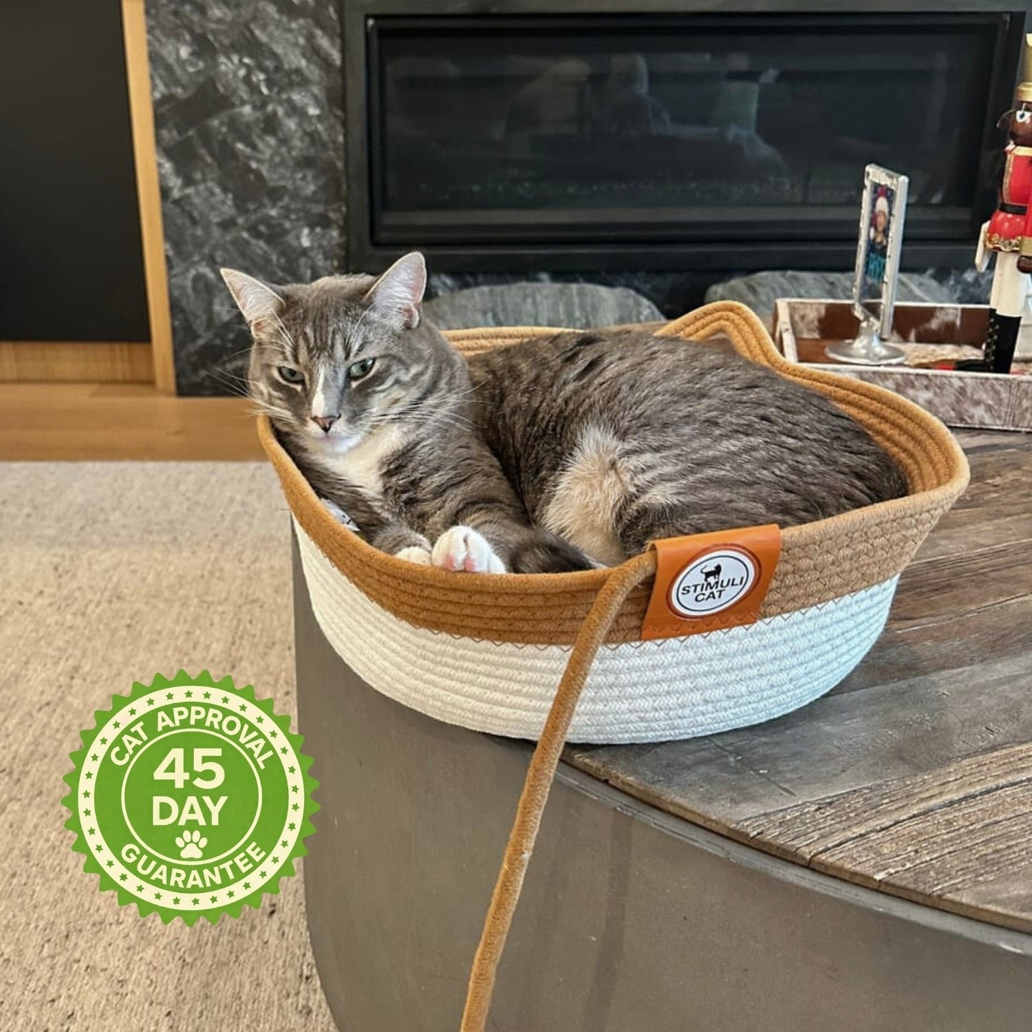 Cat relaxing in handwoven natural rope cat basket at home