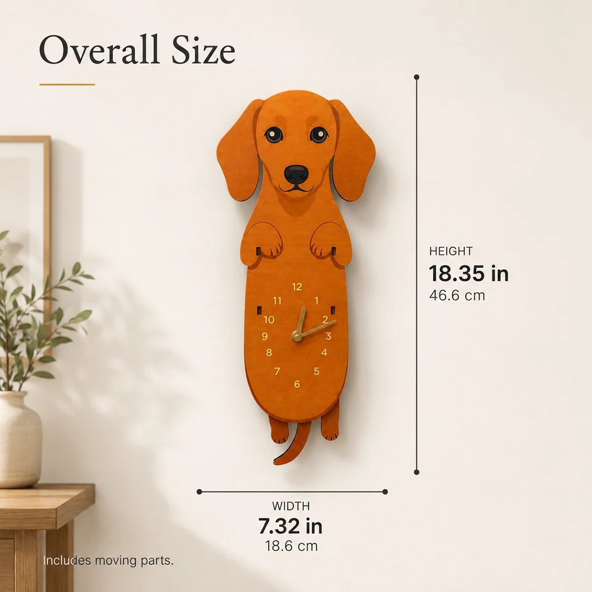 Ginger Brown Dachshund upright wall clock overall size 7.32 x 18.35 inches