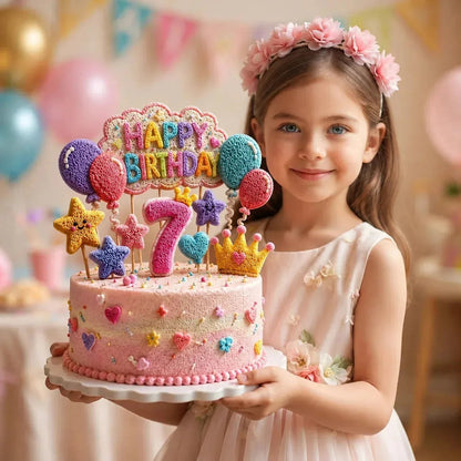 Little girl holding decorated birthday cake made with puffy popcorn drawing pens