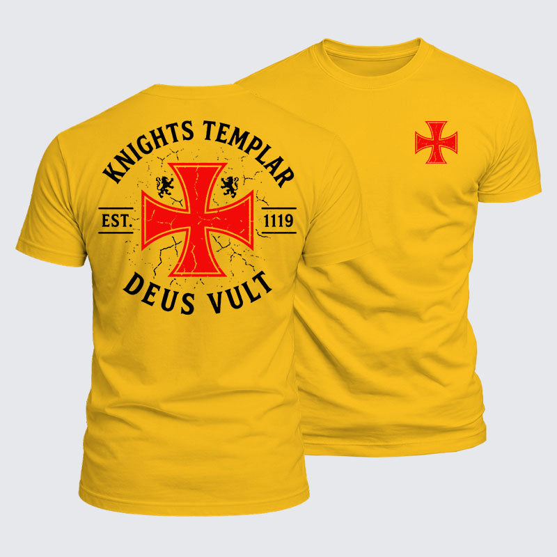 Knights Templar Deus Vult golden yellow cotton tee front and back
