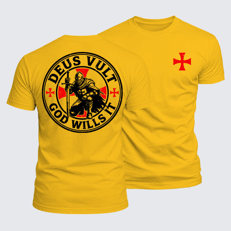Deus Vult Knights Templar cross tee in golden yellow — God Wills It emblem shirt