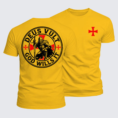 Deus Vult Knights Templar cross tee in golden yellow — God Wills It emblem shirt