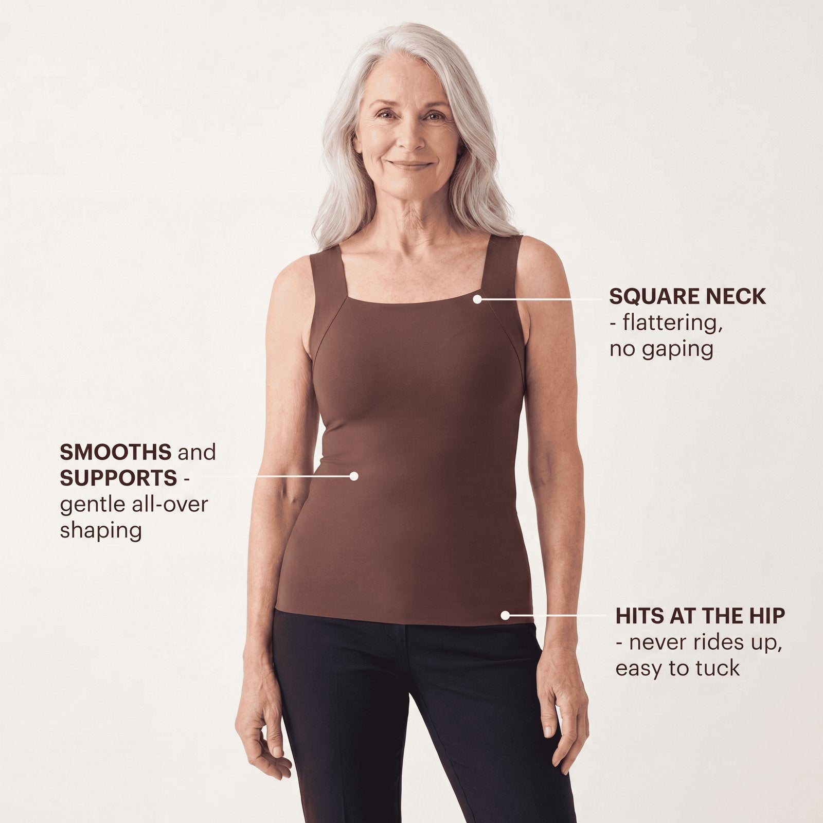 Sculpt tank square neck smooths supports hits at hip
