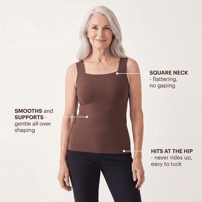 Sculpt tank square neck smooths supports hits at hip