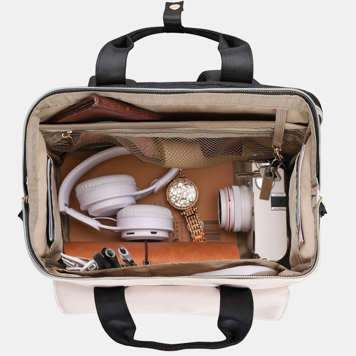 Open lunch backpack showing organized interior pockets