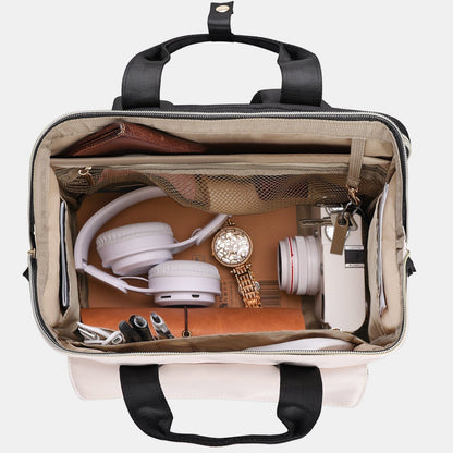 Open lunch backpack showing organized interior pockets