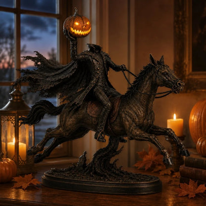 Halloween Headless Horseman statue with warm amber LED glow at nighttime window