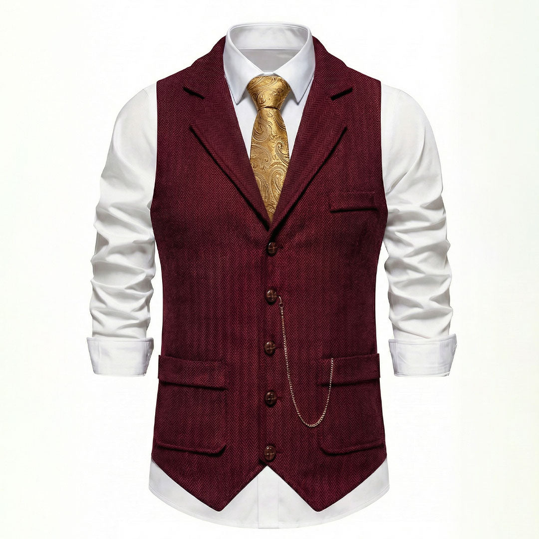 Men's Crimson Red herringbone tweed waistcoat front view