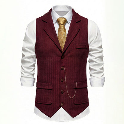 Men's Crimson Red herringbone tweed waistcoat front view