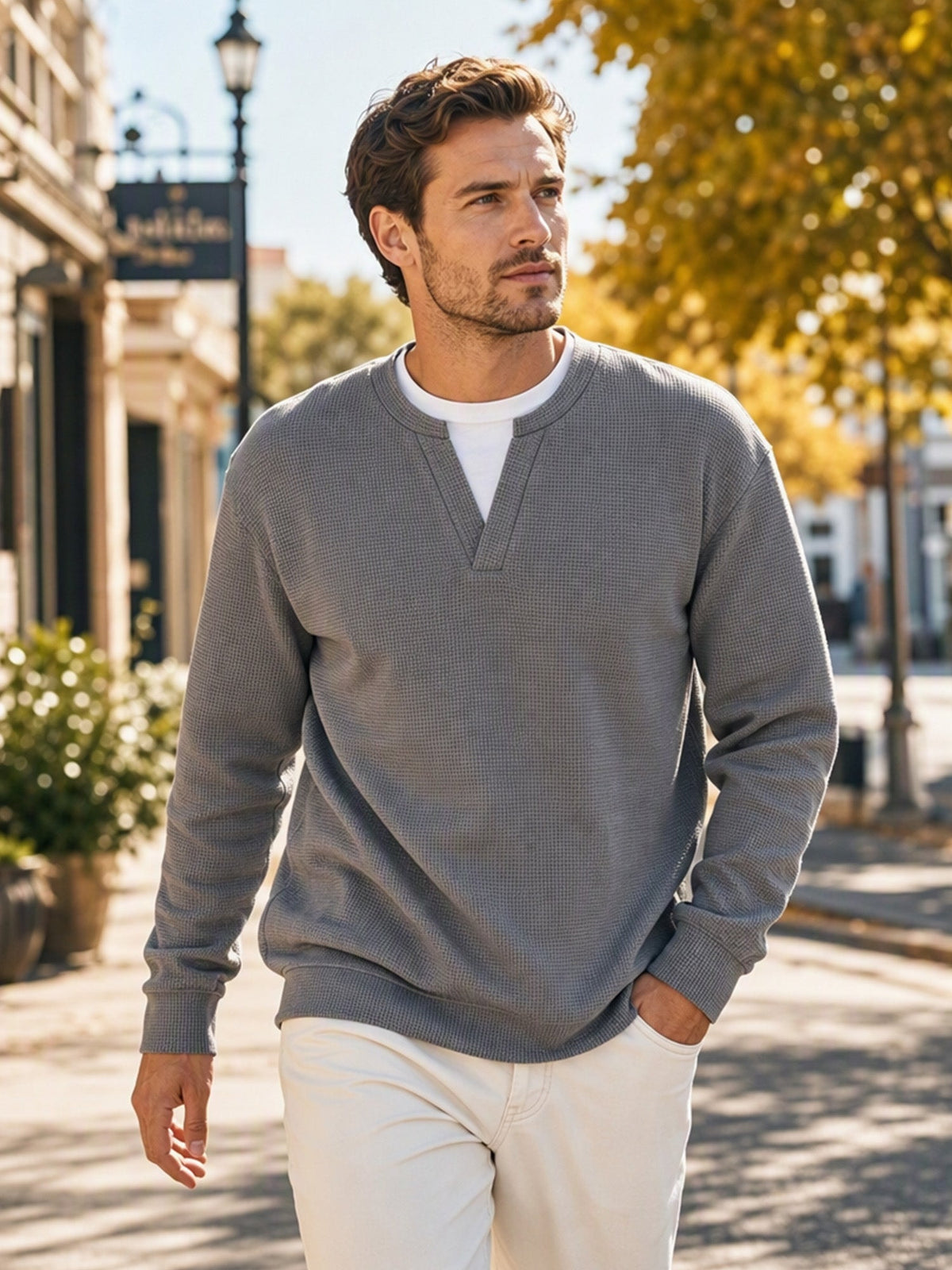 Grey men's waffle knit long sleeve faux layered tee