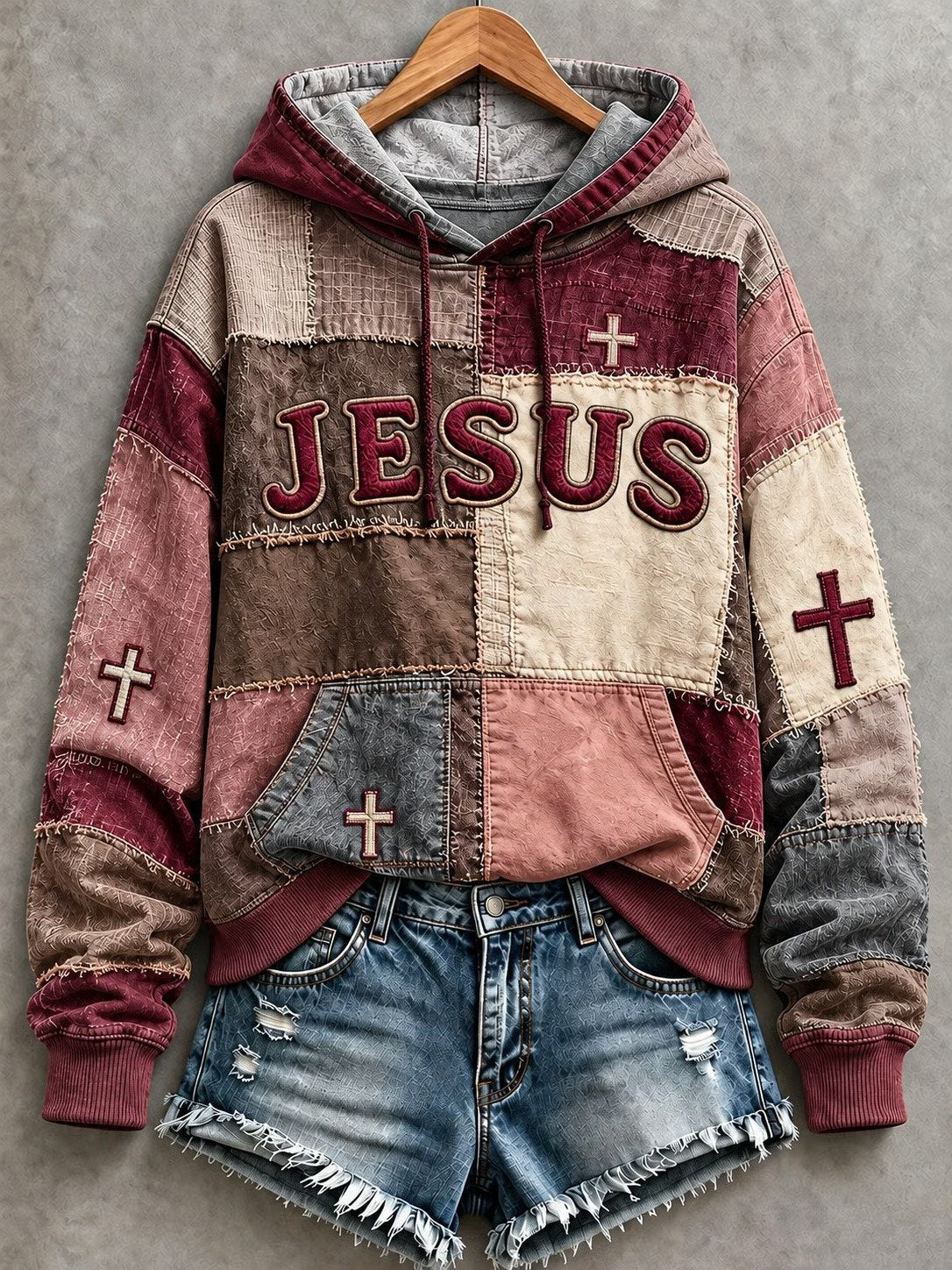 Women's JESUS cross print patchwork-look hoodie in Burgundy / Dusty Pink / Charcoal