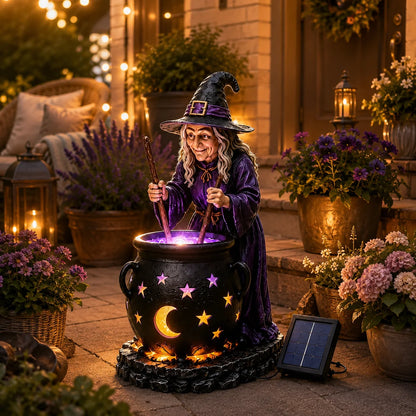 Glowing witch cauldron solar statue lighting up night garden close-up