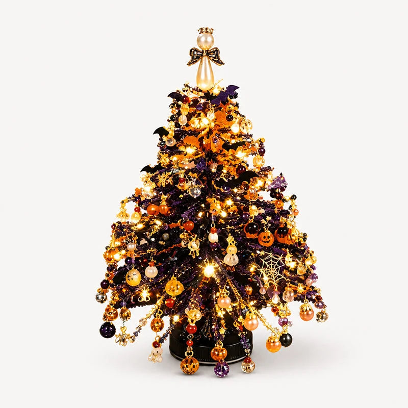 Halloween Magic beaded tree with pumpkin, bat and skull charms and LED lights