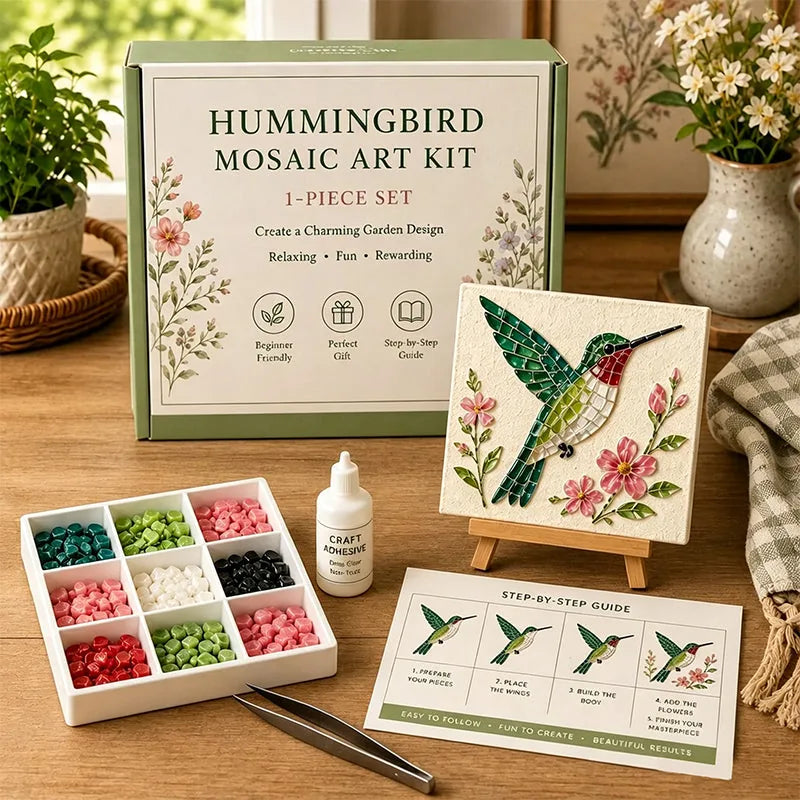 Hummingbird sea glass mosaic art kit finished piece