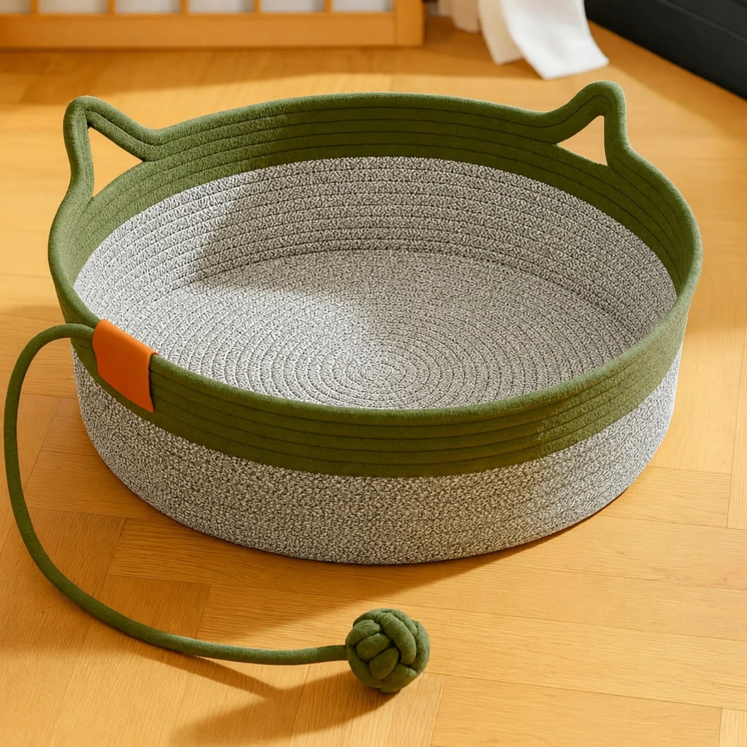 Green handwoven natural rope cat basket with cat ear handles