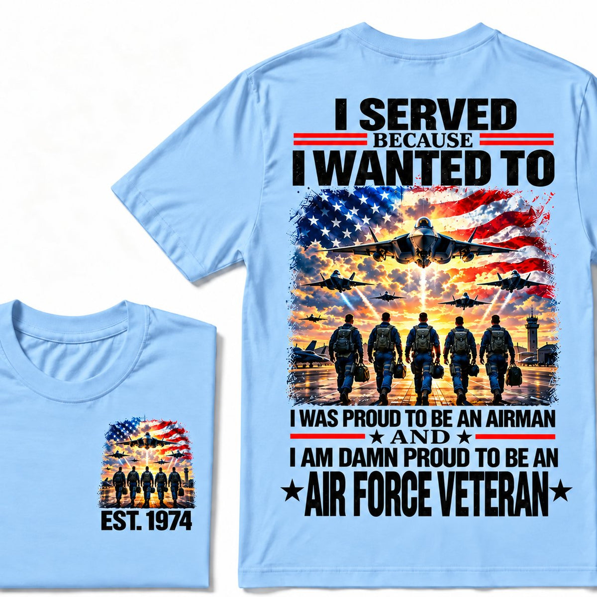 Sky Blue Air Force veteran custom year T-shirt with front and back patriotic aircraft graphics