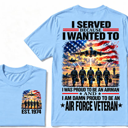 Sky Blue Air Force veteran custom year T-shirt with front and back patriotic aircraft graphics